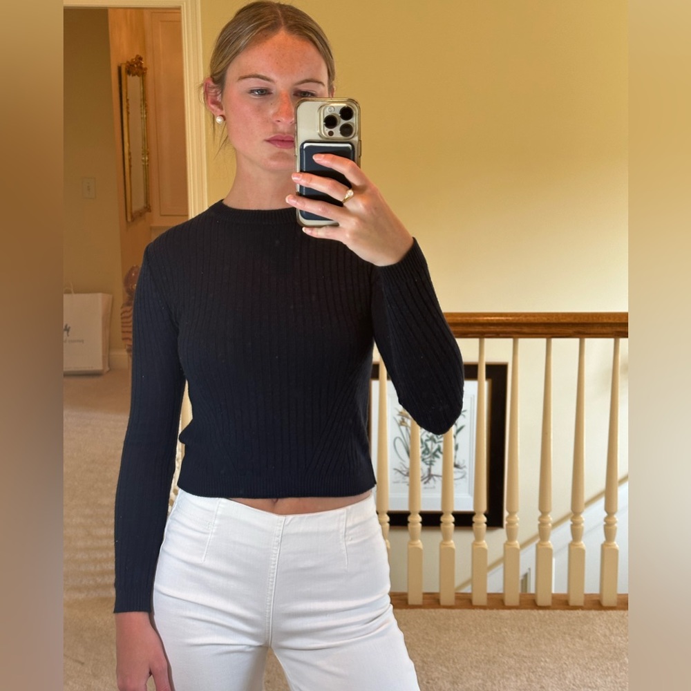 Top Shop Ribbed Long Sleeve Top (2, Navy)